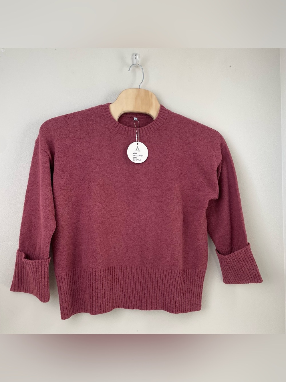 NEW ANRABESS Sweater size M Mauve Oversized Fuzzy Knit Crewneck Pullover